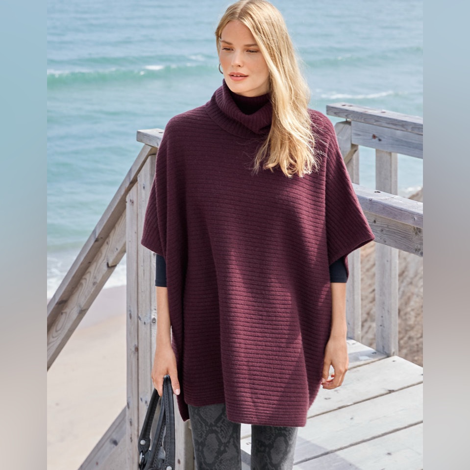 Garnet Hill Horizontal-Rib Cashmere Sweater Cape Burgundy Red Size Small